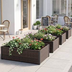 PE Rattan Elevated Raised Garden Bed with Open-Ended Base-Brown