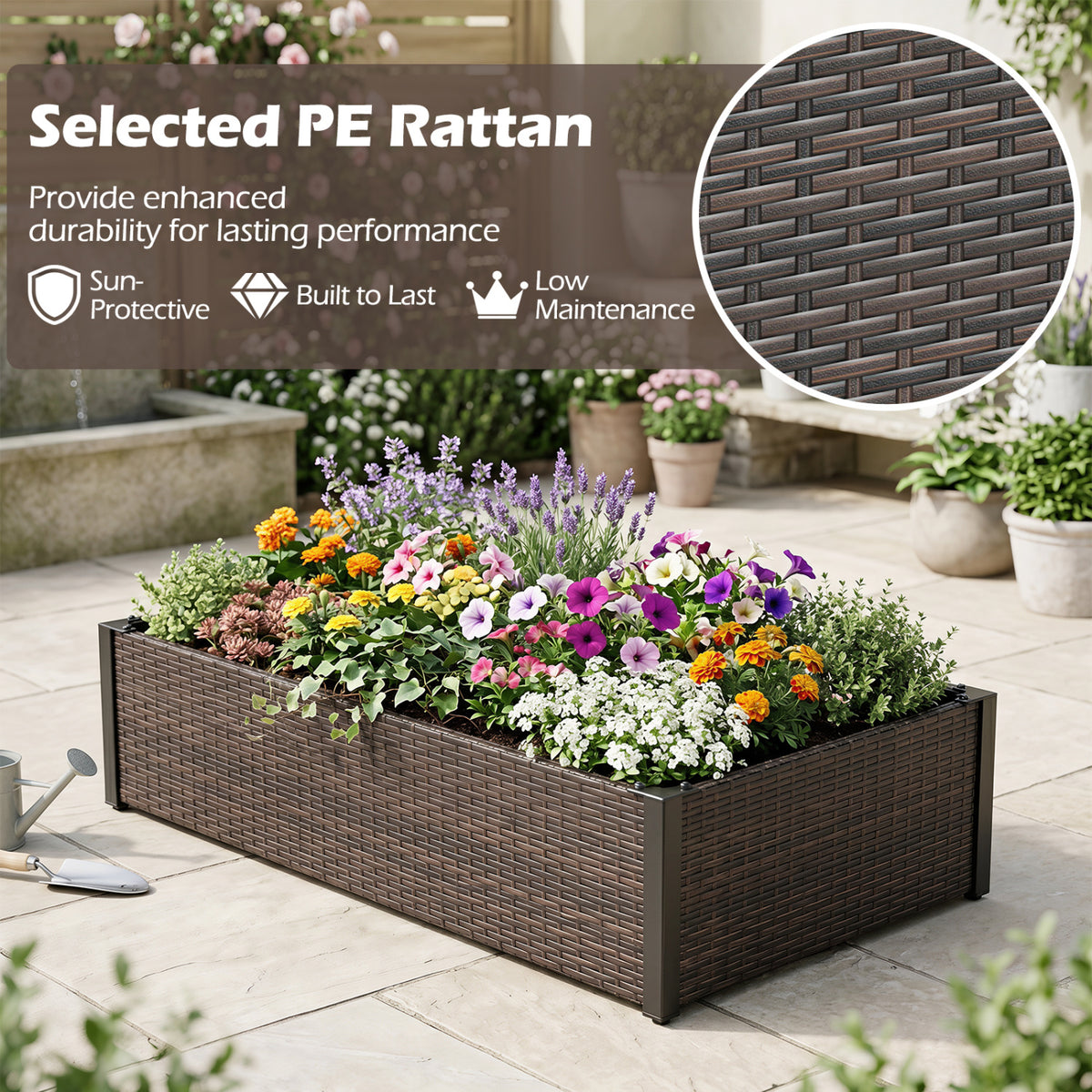 PE Rattan Elevated Raised Garden Bed with Open-Ended Base-Brown