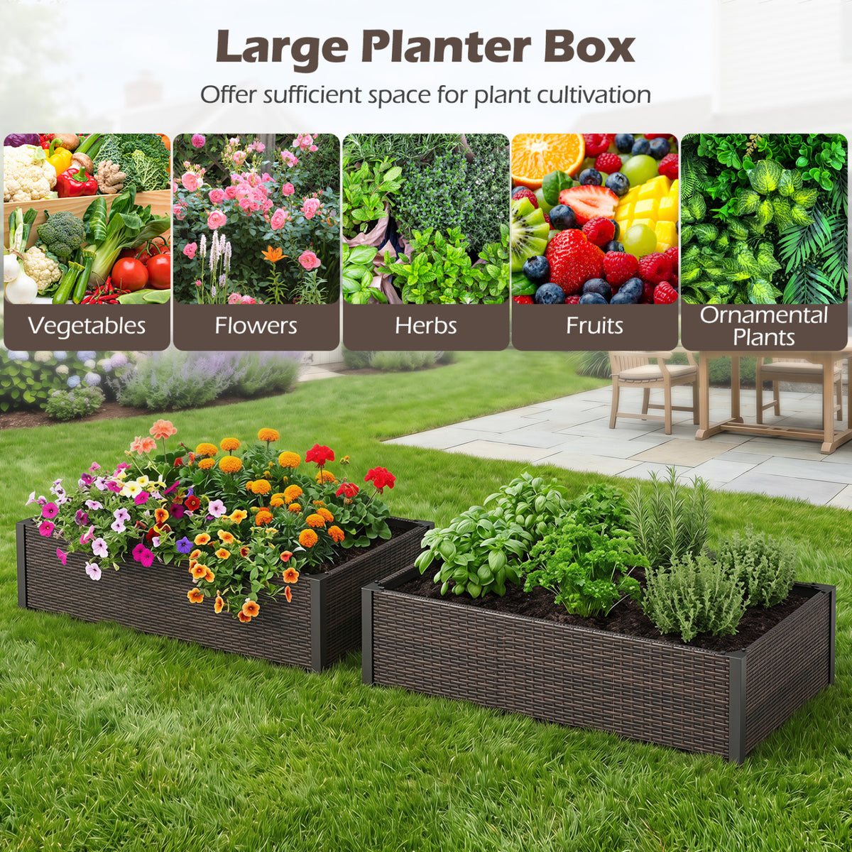 PE Rattan Elevated Raised Garden Bed with Open-Ended Base-Brown