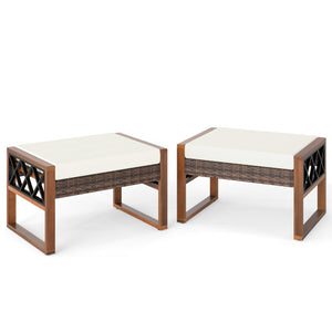 PE Rattan Wicker Ottomans Set of 2 with Removable Cushions-Beige