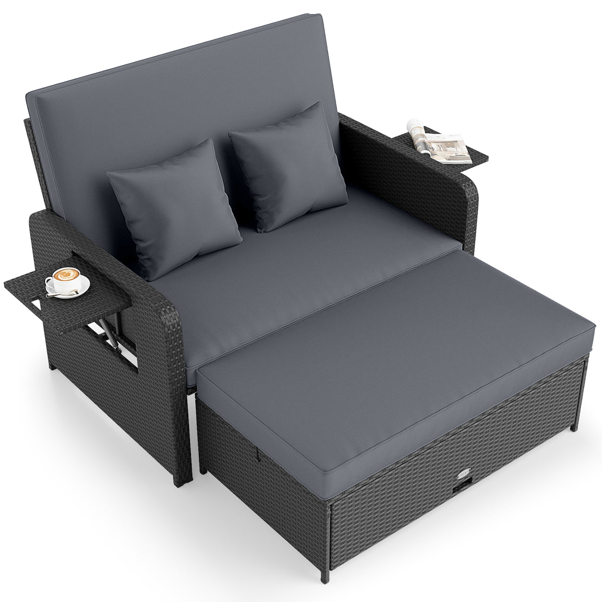 PE Wicker Outdoor Daybed with 4-Level Adjustable Backrest and Storage Ottoman-Gray