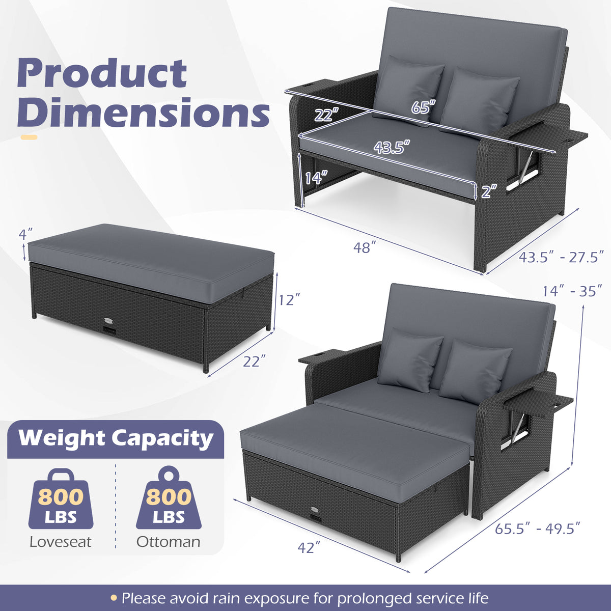 PE Wicker Outdoor Daybed with 4-Level Adjustable Backrest and Storage Ottoman-Gray