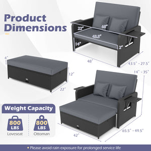 PE Wicker Outdoor Daybed with 4-Level Adjustable Backrest and Storage Ottoman-Gray