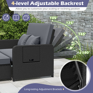 PE Wicker Outdoor Daybed with 4-Level Adjustable Backrest and Storage Ottoman-Gray