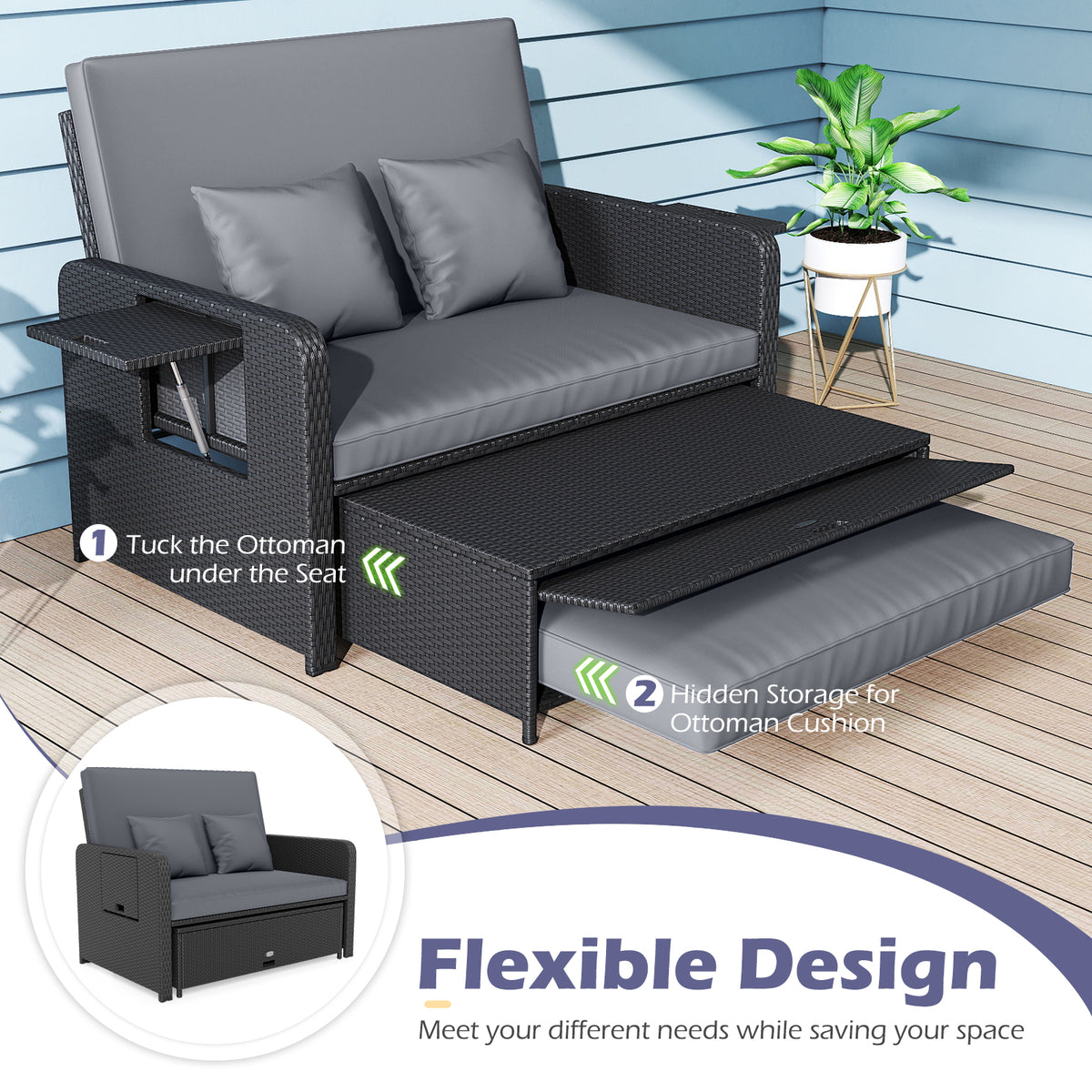 PE Wicker Outdoor Daybed with 4-Level Adjustable Backrest and Storage Ottoman-Gray