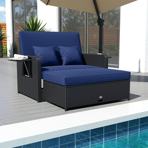 PE Wicker Outdoor Daybed with 4-Level Adjustable Backrest and Storage Ottoman-Navy