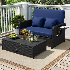 PE Wicker Outdoor Daybed with 4-Level Adjustable Backrest and Storage Ottoman-Navy
