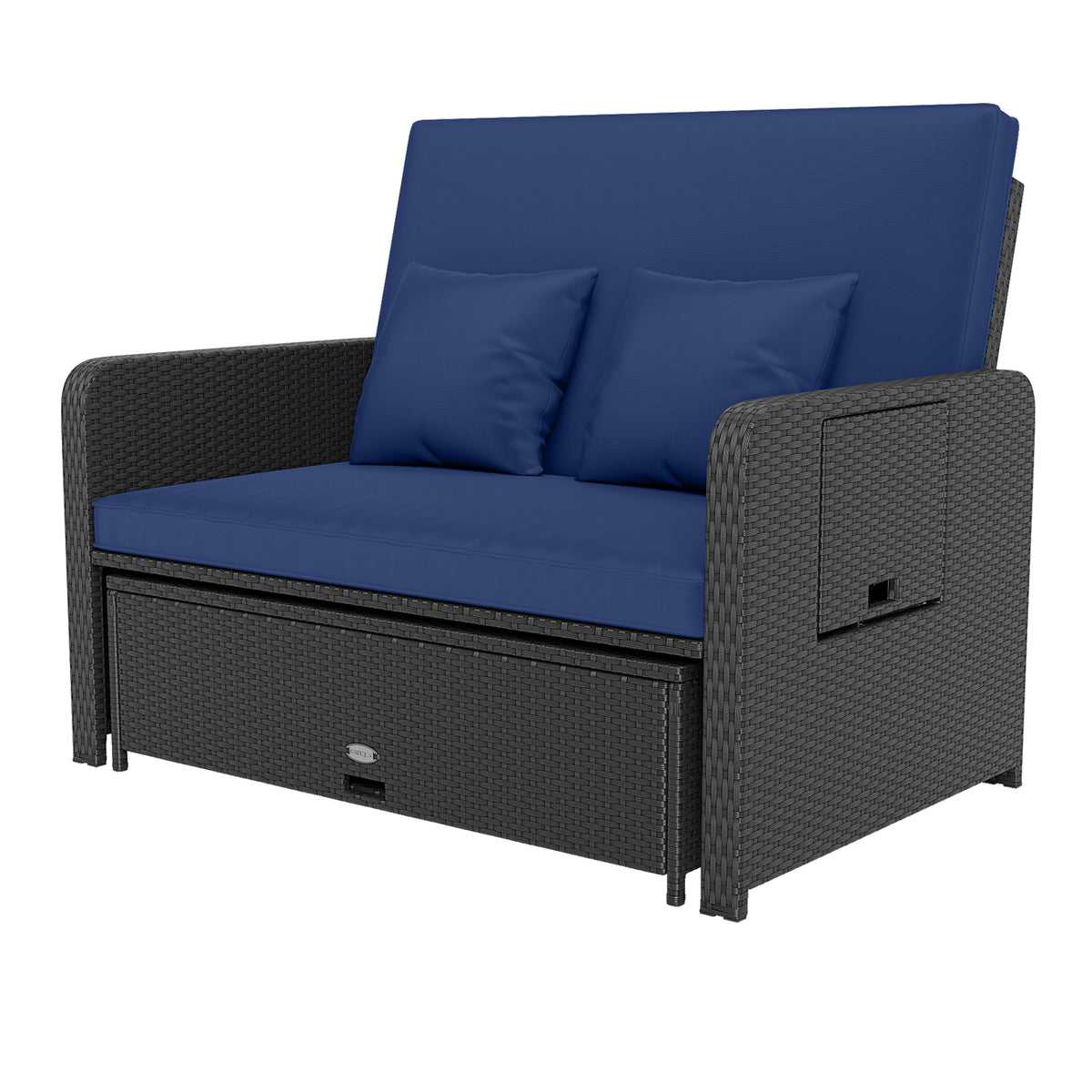 PE Wicker Outdoor Daybed with 4-Level Adjustable Backrest and Storage Ottoman-Navy