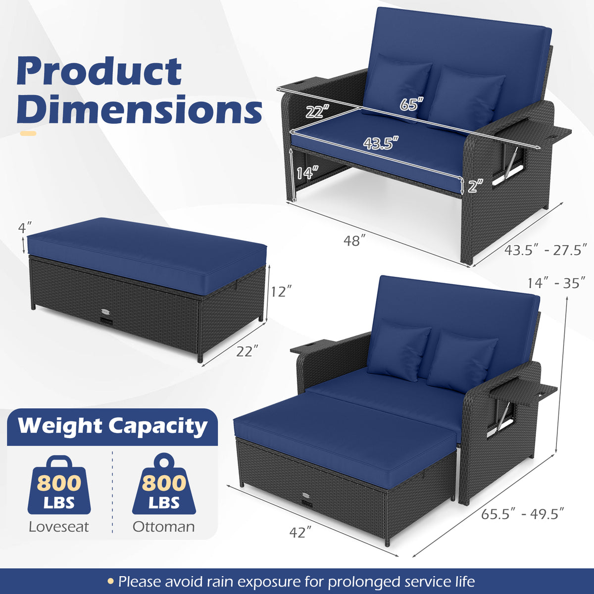 PE Wicker Outdoor Daybed with 4-Level Adjustable Backrest and Storage Ottoman-Navy