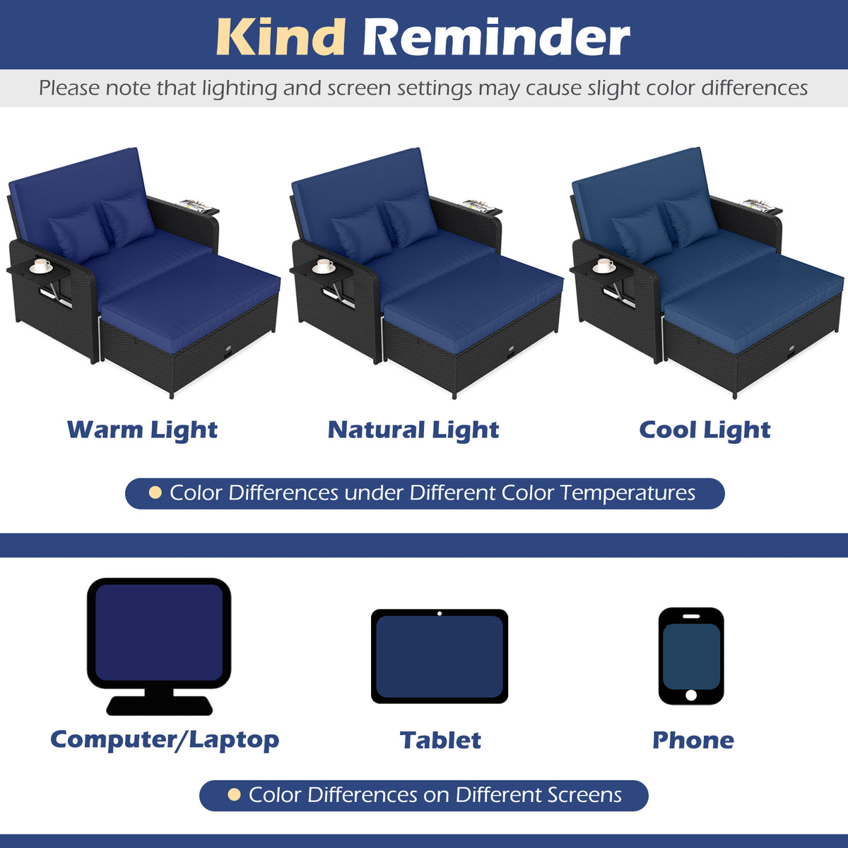 PE Wicker Outdoor Daybed with 4-Level Adjustable Backrest and Storage Ottoman-Navy