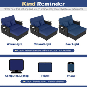 PE Wicker Outdoor Daybed with 4-Level Adjustable Backrest and Storage Ottoman-Navy