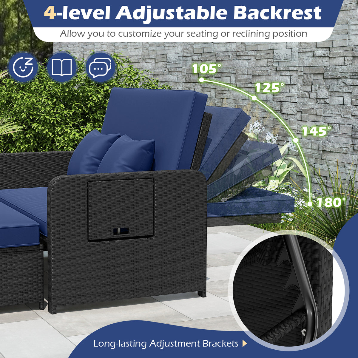 PE Wicker Outdoor Daybed with 4-Level Adjustable Backrest and Storage Ottoman-Navy