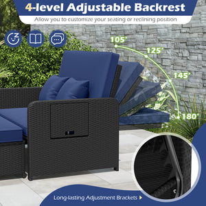 PE Wicker Outdoor Daybed with 4-Level Adjustable Backrest and Storage Ottoman-Navy