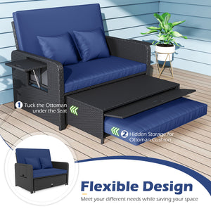 PE Wicker Outdoor Daybed with 4-Level Adjustable Backrest and Storage Ottoman-Navy