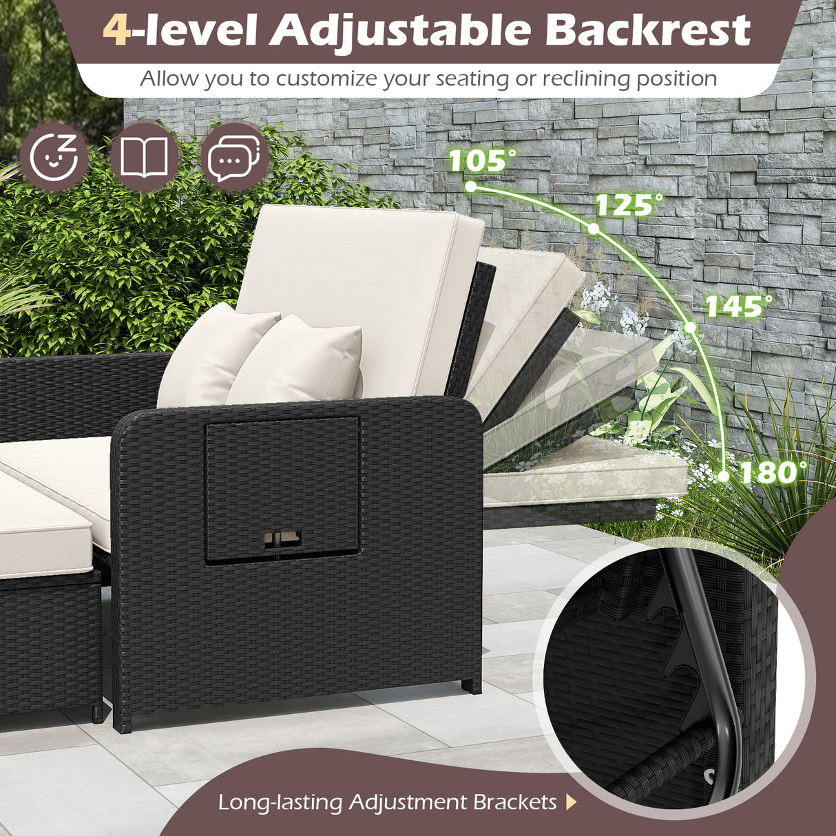 PE Wicker Outdoor Daybed with 4-Level Adjustable Backrest and Storage Ottoman-White