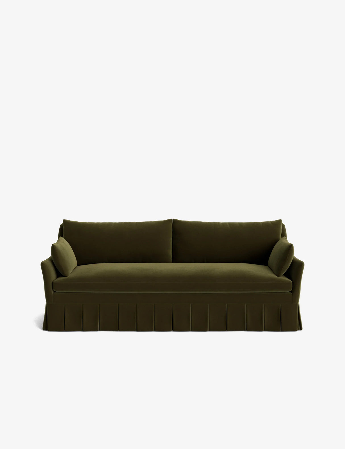 The Portola Pleated Sofa, with its dark green hue and two cushion arms, stands against a white background. It features a pleated skirt and boasts a clean, modern design characterized by straight lines and a plush appearance.