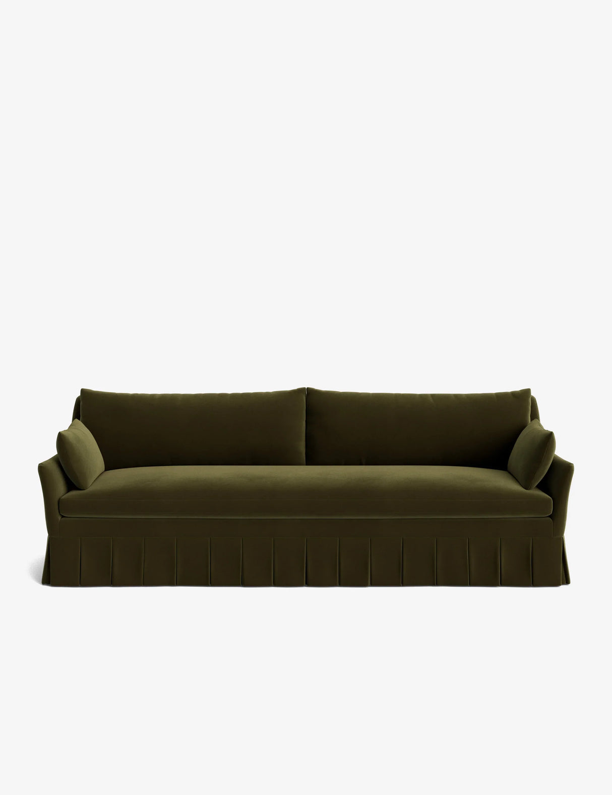 The Portola Pleated Sofa, featuring a dark green velvet finish with a pleated skirt and two bolster cushions, is displayed against a plain white background. It has a rectangular shape and plush seating.