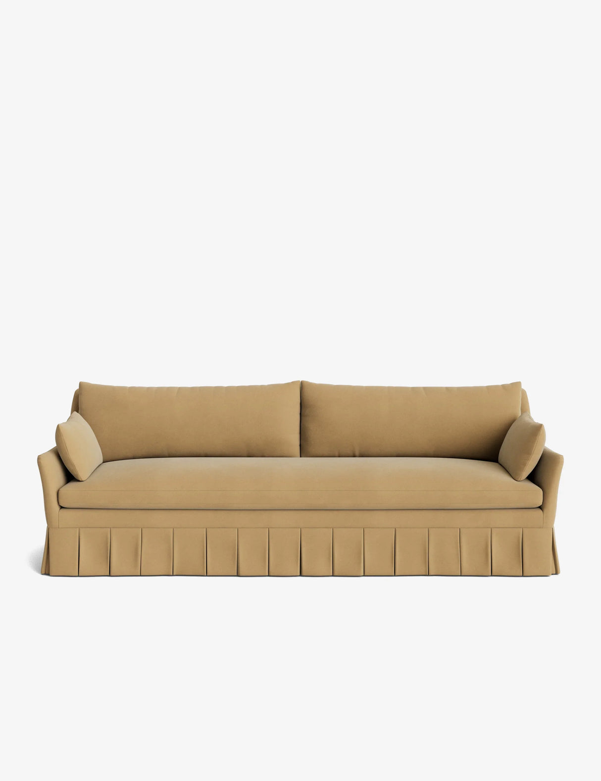 The Portola Pleated Sofa, featuring a beige design with a pleated skirt, comes complete with two long cushions and two cylindrical bolster pillows on each side, all set against a white background.