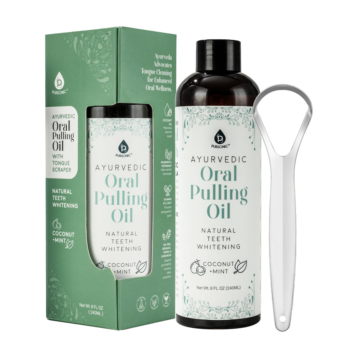 Pursonic Ayurvedic Oral Pulling Oil Bundle – 3-Pack with Tongue Scrapers for Natural Teeth Whitening, Fresh Breath & Holistic Oral Health by Pursonic
