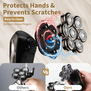 Detachable Head Shavers, SHPAVVER 5-in-1 Electric Razor IPX7 Waterproof for Bald Men, Wet/Dry LED Display Rechargeable 7D Rotary Shaver Grooming Kit with Type-C Charge (A) Brown