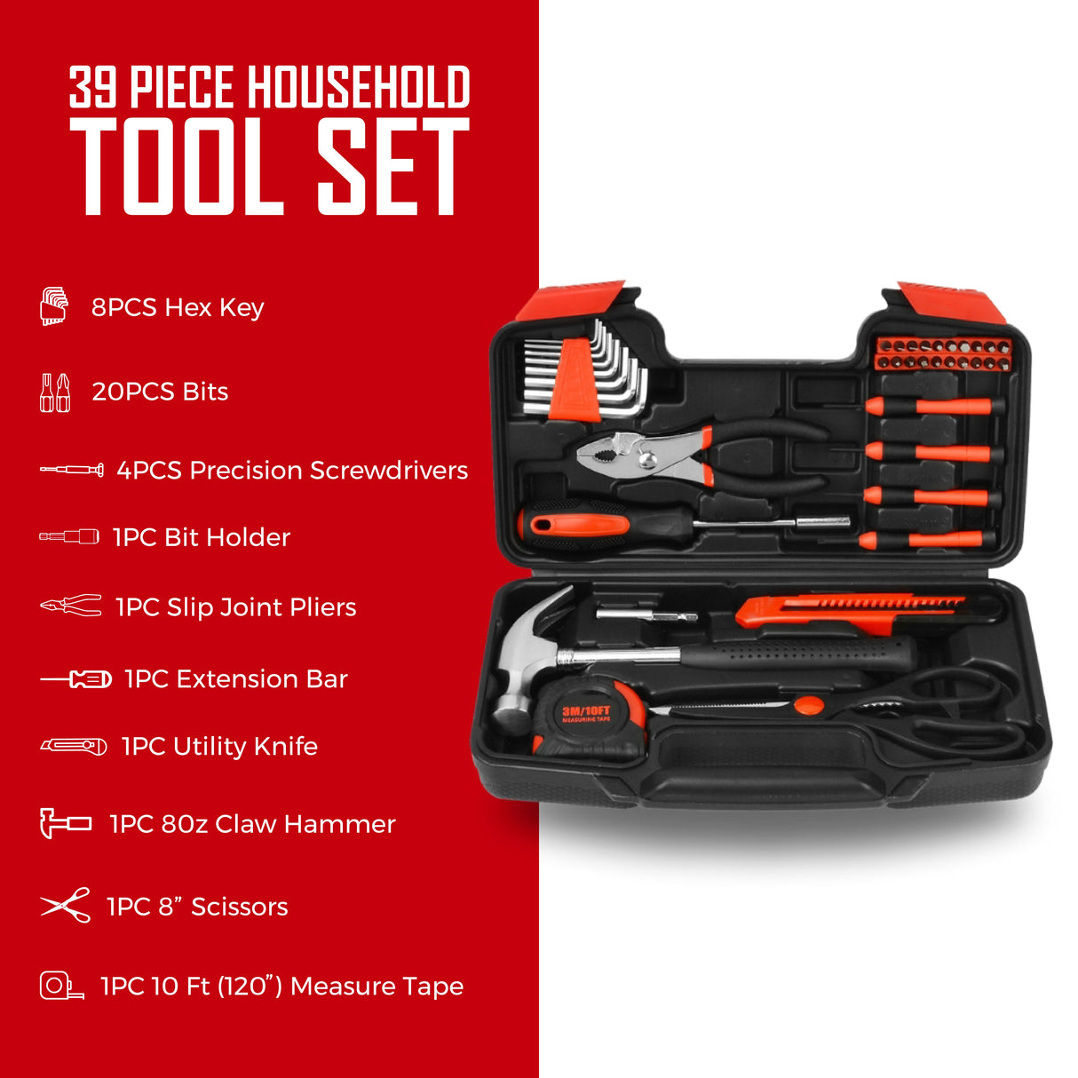 Pursonic UltraBright Flashlight + Handy Solutions 39-Piece Household Tool Kit Bundle by Pursonic