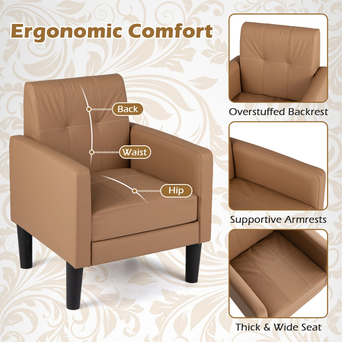 PU Leather Modern Accent Chair with Removable Seat Cushion-Brown