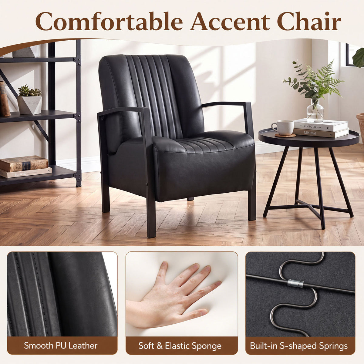 PU Leather Upholstered Armchair with Padded Seat and Back Comfy Lounge Reading Chair-Black