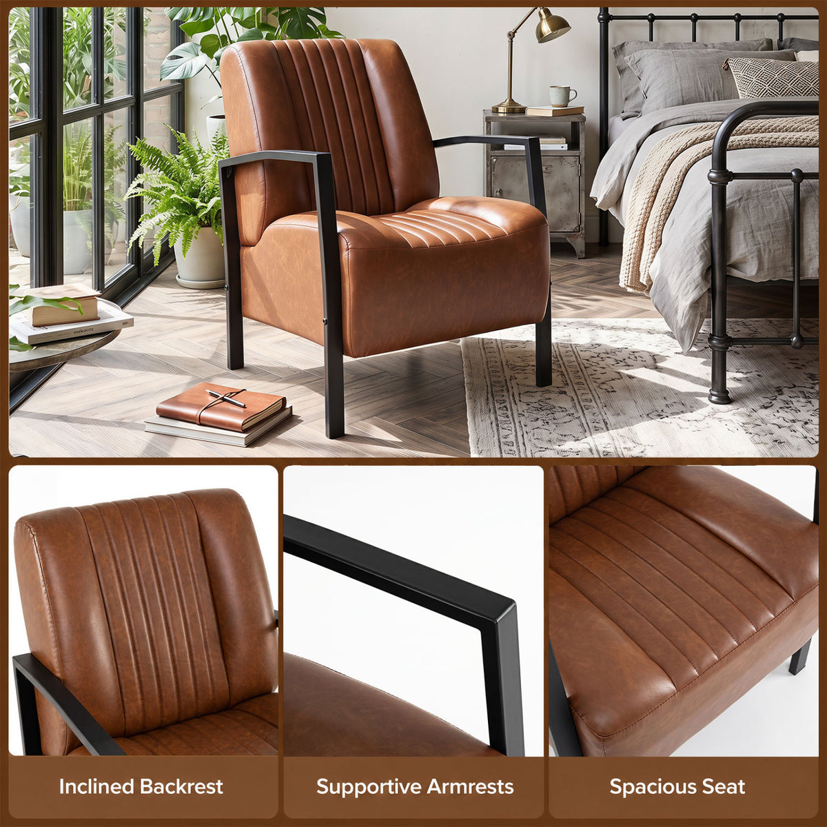 PU Leather Upholstered Armchair with Padded Seat and Back Comfy Lounge Reading Chair-Brown