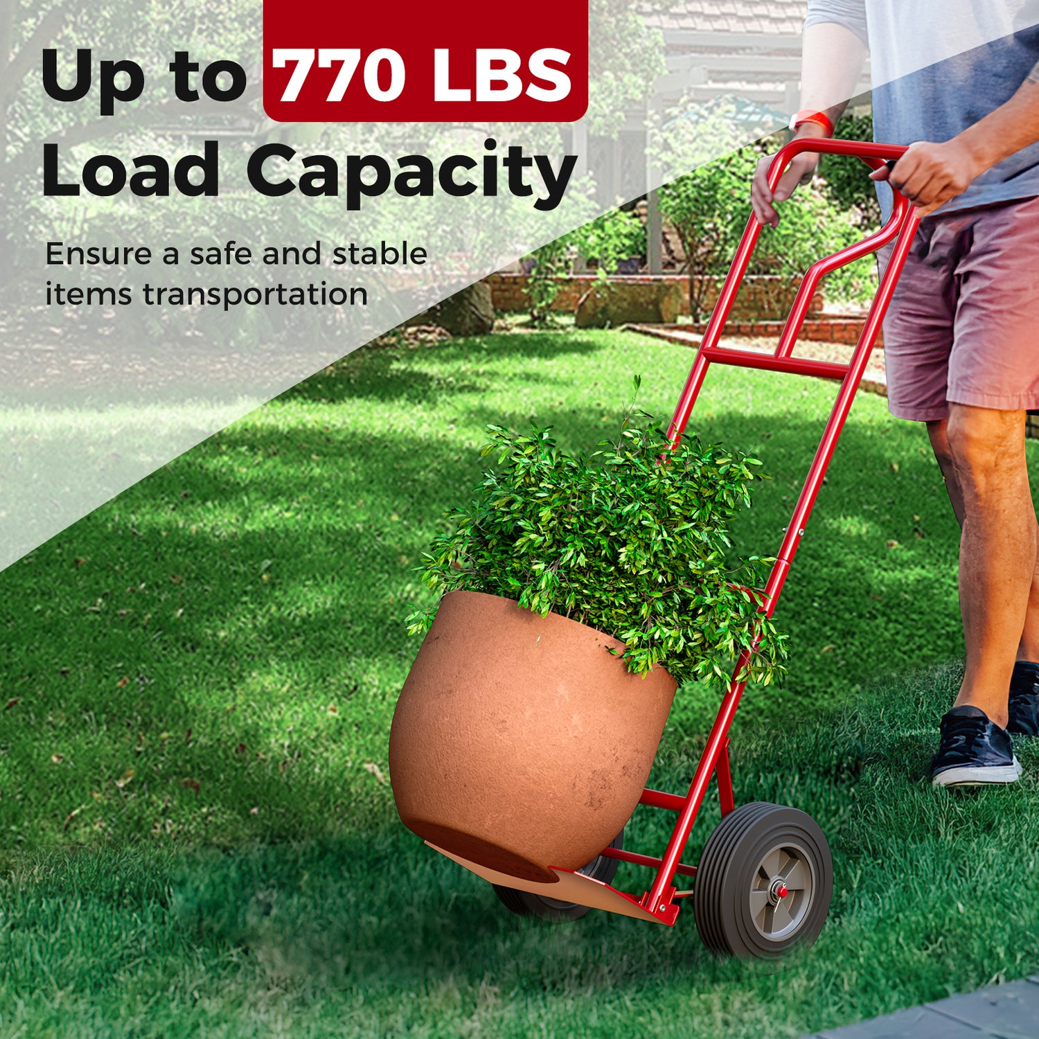 P-Handle Hand Truck with Foldable Load Plate for Warehouse Garage-Red