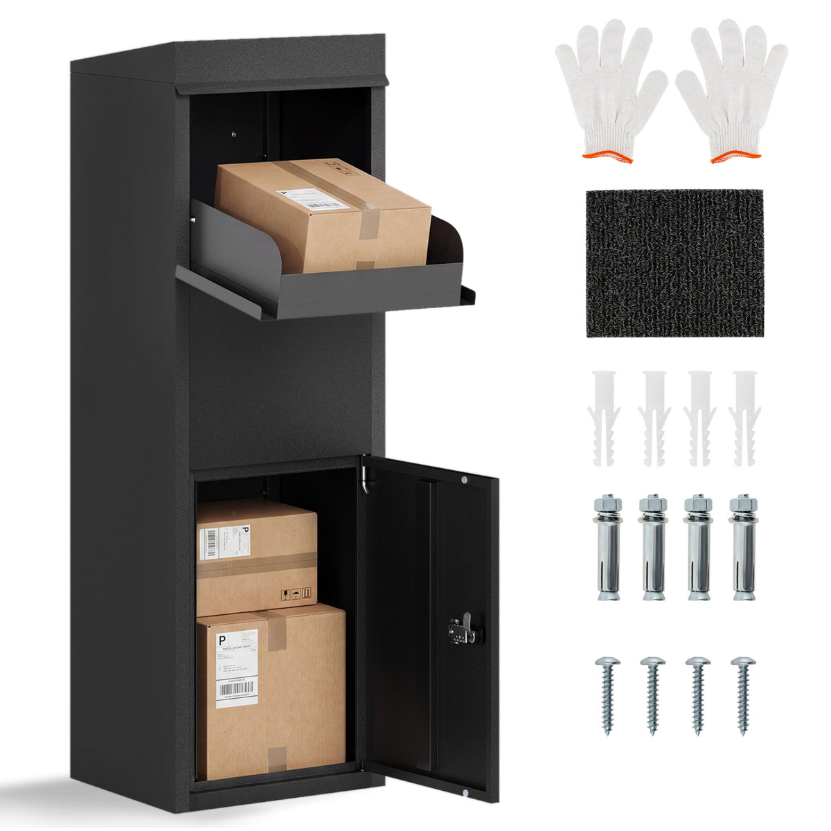 Package Delivery Box for Outside with Anti-Theft Baffle Sloped Roof-Black