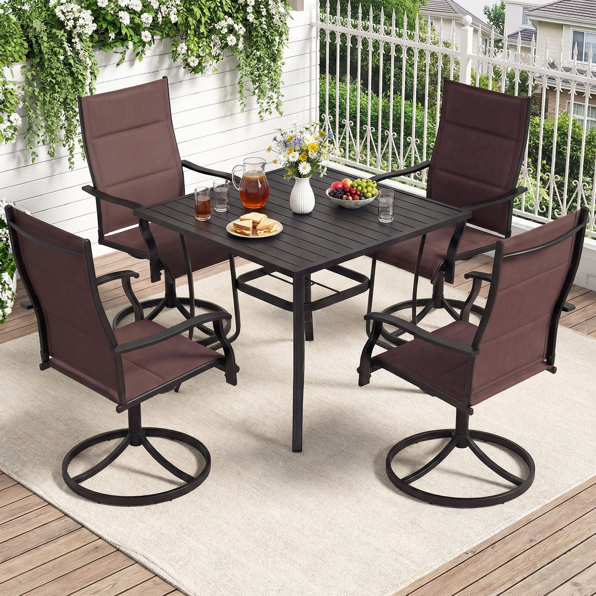 Padded Patio Swivel Chairs Set of 2 Ergonomic Outdoor Dining Chairs with Breathable Fabric-Brown