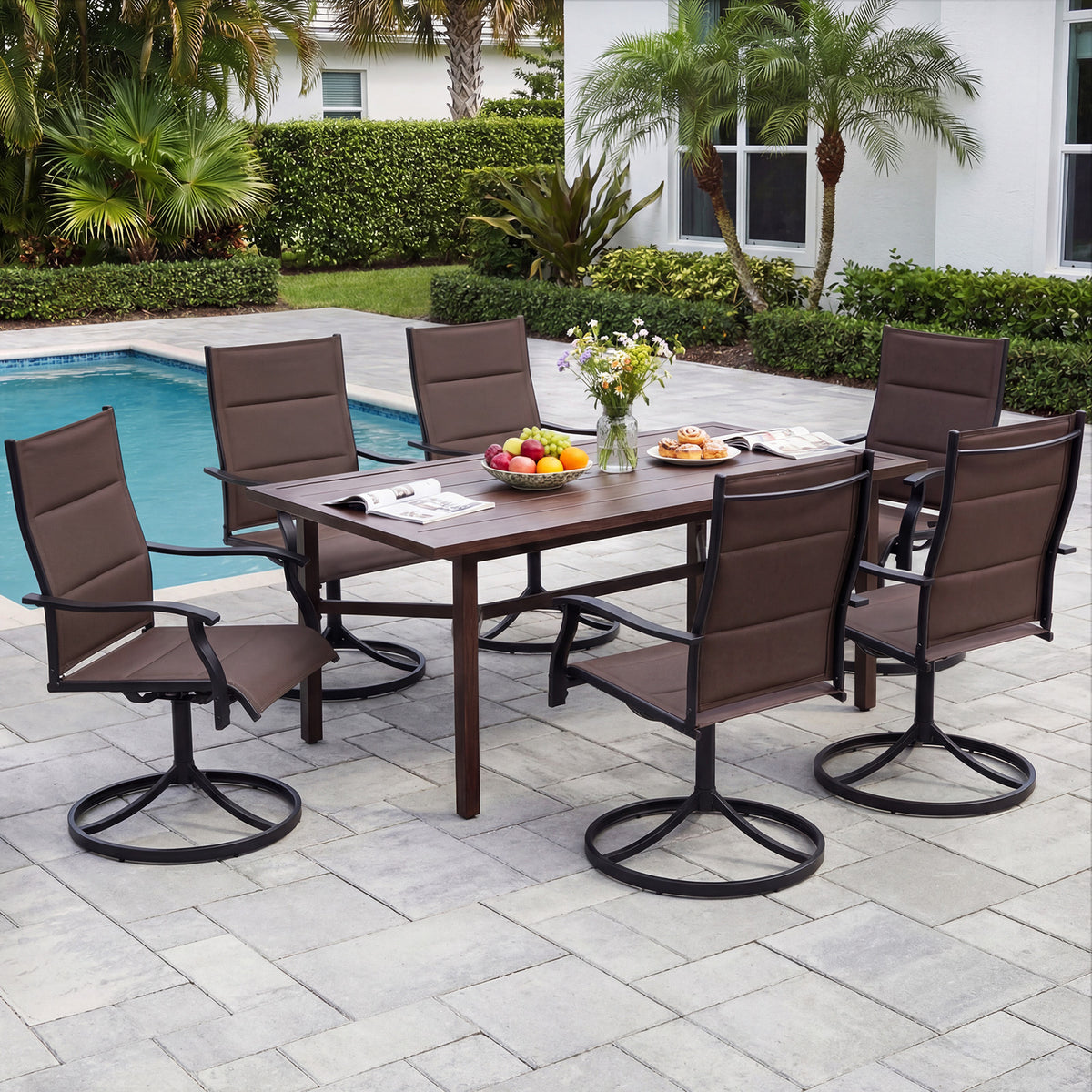 Padded Patio Swivel Chairs Set of 2 Ergonomic Outdoor Dining Chairs with Breathable Fabric-Brown