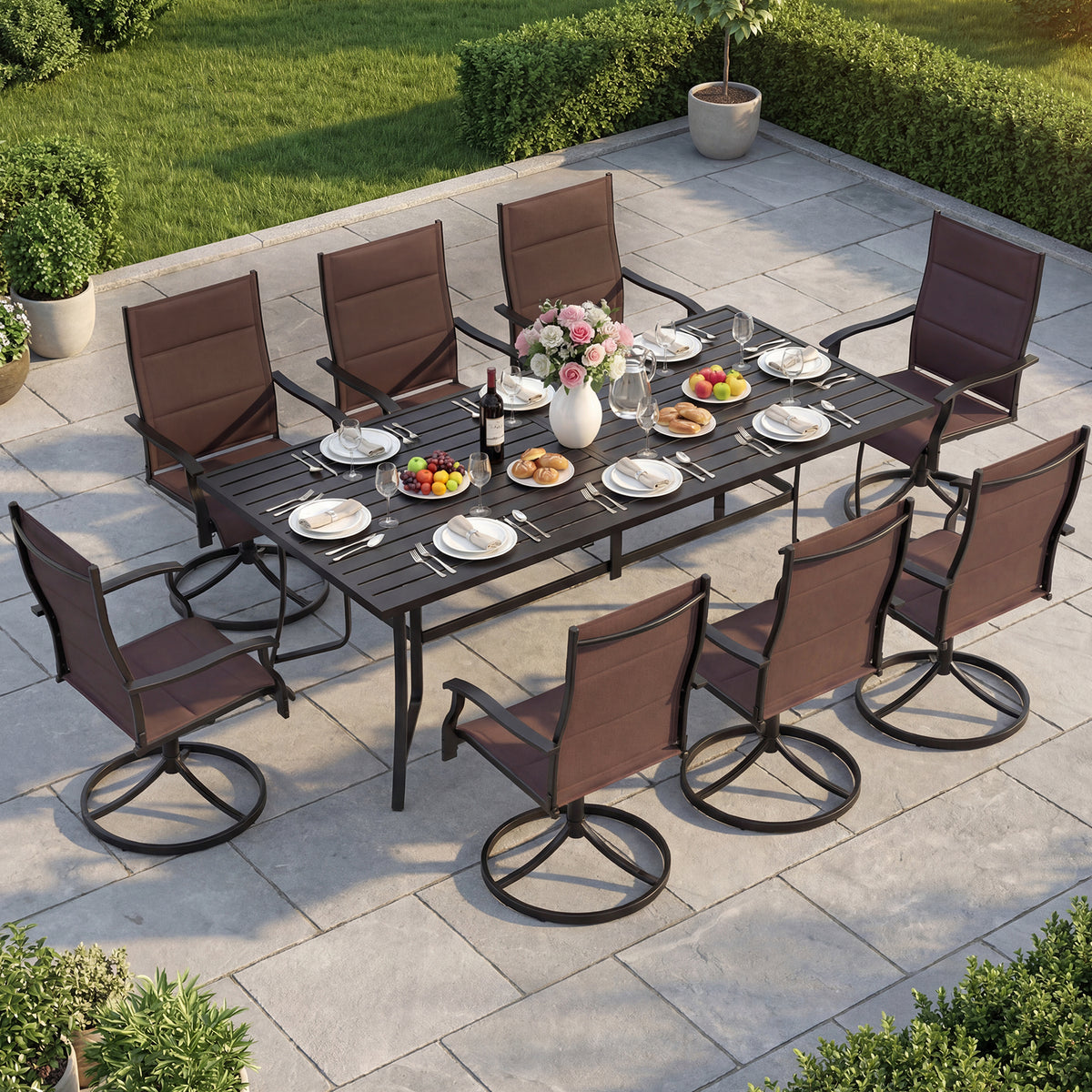 Padded Patio Swivel Chairs Set of 2 Ergonomic Outdoor Dining Chairs with Breathable Fabric-Brown