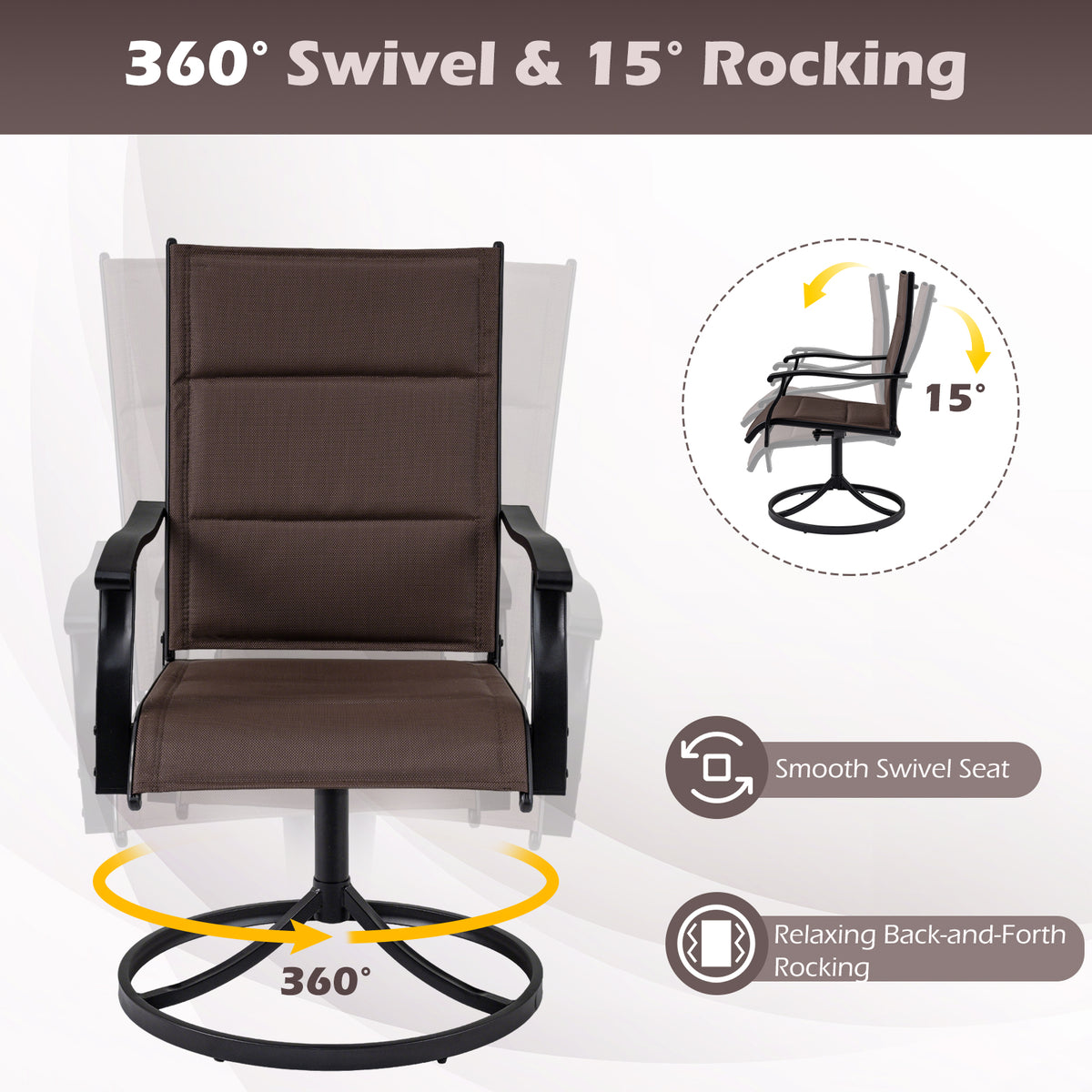 Padded Patio Swivel Chairs Set of 2 Ergonomic Outdoor Dining Chairs with Breathable Fabric-Brown
