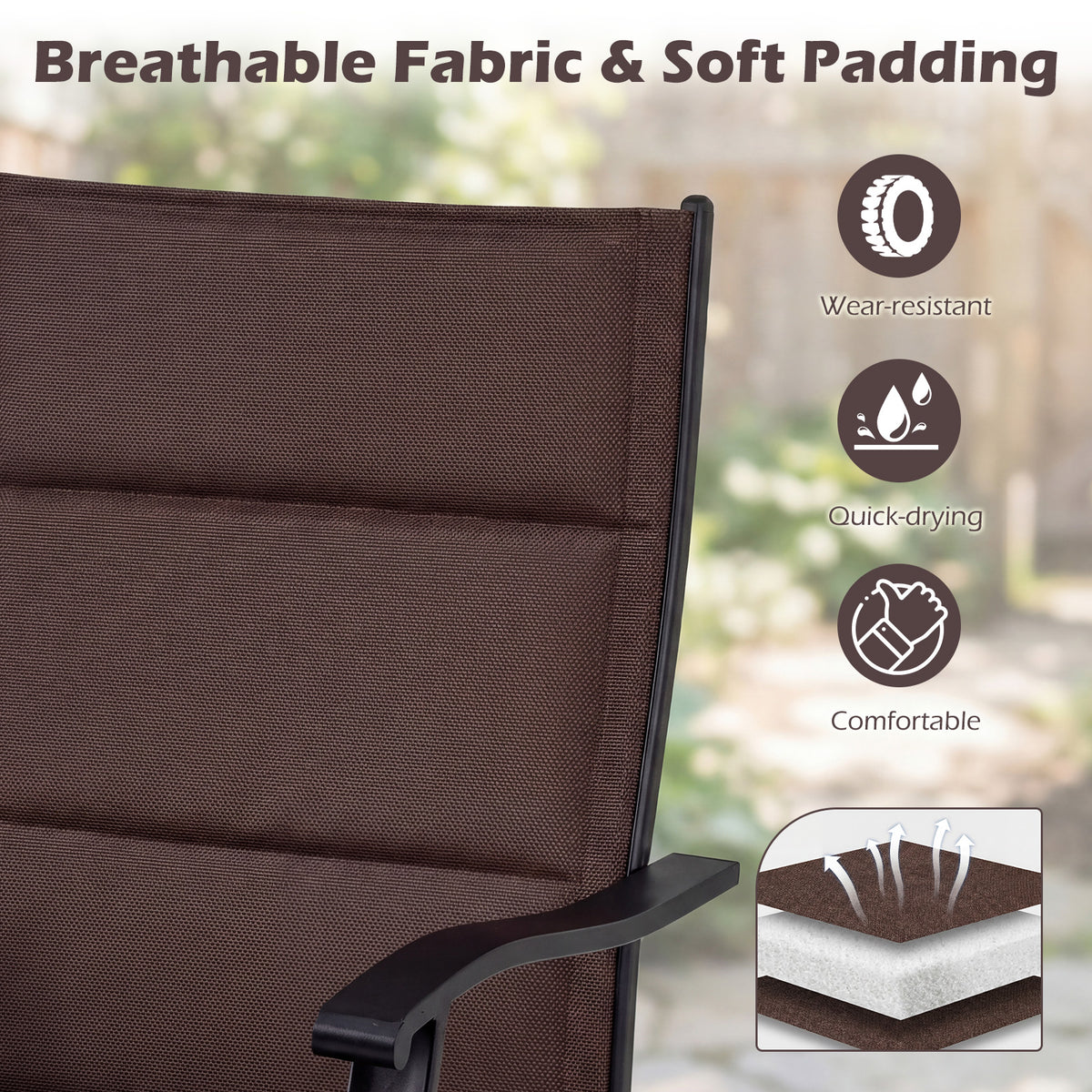 Padded Patio Swivel Chairs Set of 2 Ergonomic Outdoor Dining Chairs with Breathable Fabric-Brown