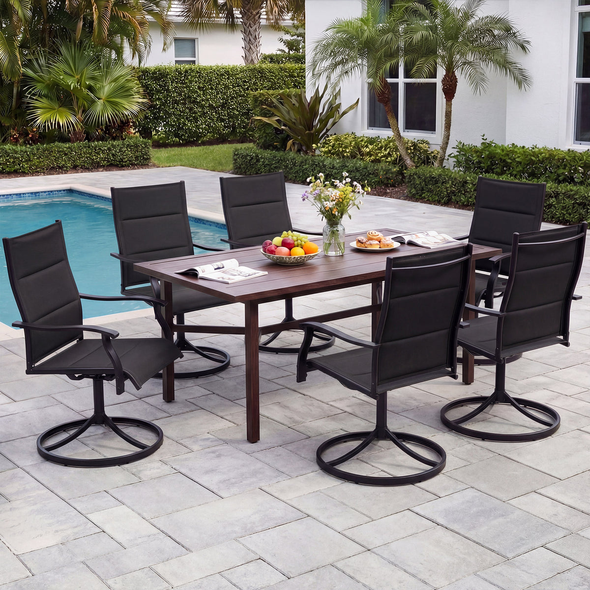 Padded Patio Swivel Chairs Set of 2 Ergonomic Outdoor Dining Chairs with Breathable Fabric-Black