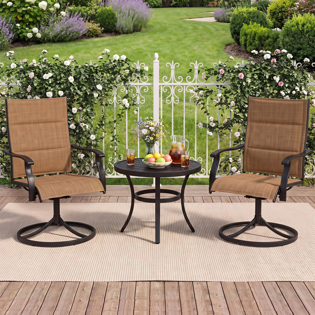 Padded Patio Swivel Chairs Set of 2 Ergonomic Outdoor Dining Chairs with Breathable Fabric-Light Brown