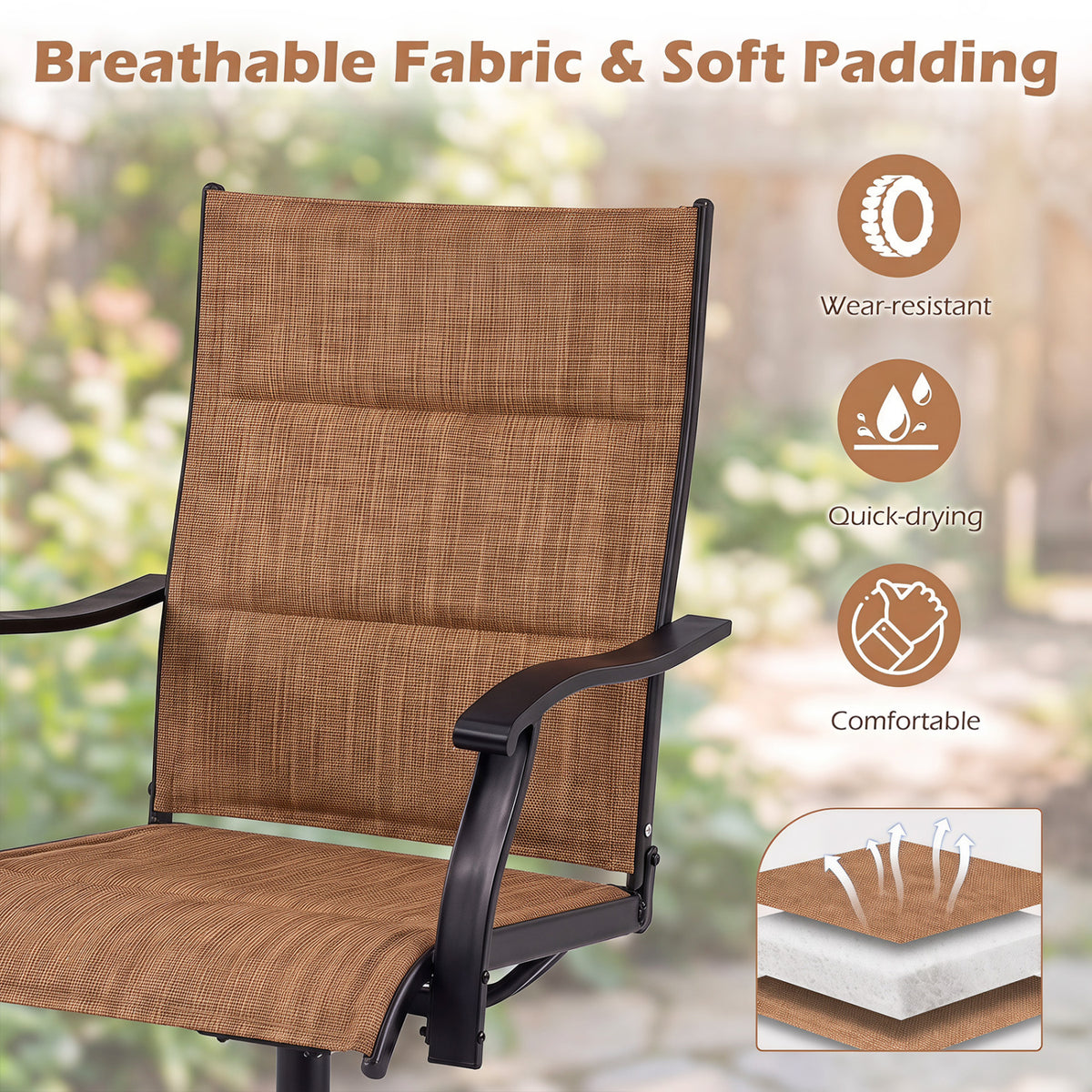 Padded Patio Swivel Chairs Set of 2 Ergonomic Outdoor Dining Chairs with Breathable Fabric-Light Brown