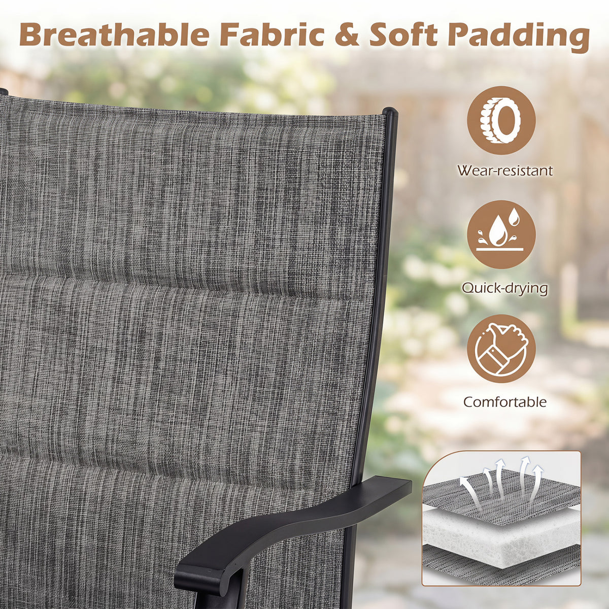 Padded Patio Swivel Chairs Set of 2 Ergonomic Outdoor Dining Chairs with Breathable Fabric-Gray