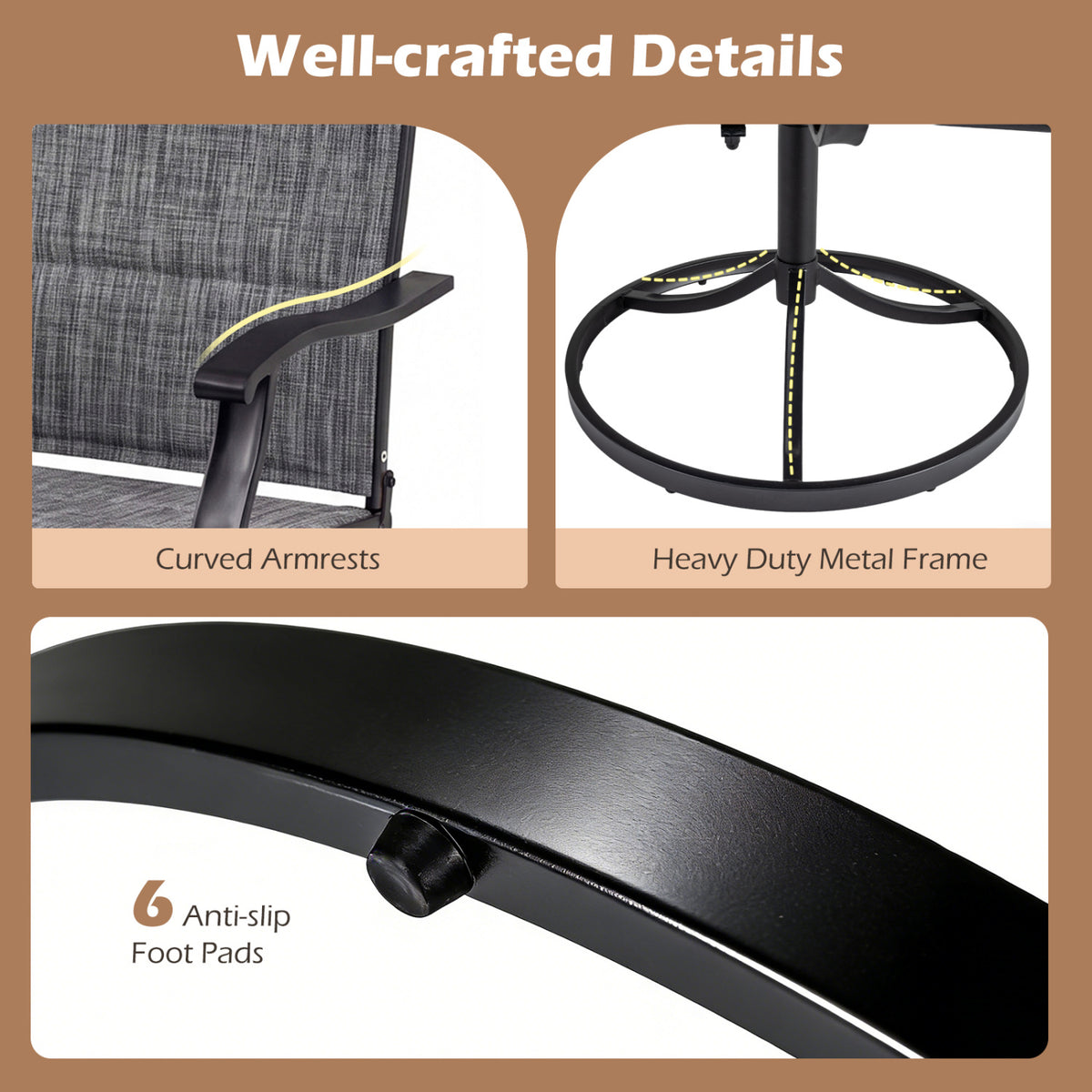 Padded Patio Swivel Chairs Set of 2 Ergonomic Outdoor Dining Chairs with Breathable Fabric-Gray