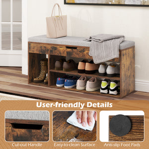 Padded Seat Shoe Bench with Hidden Storage and 3 Open Shelves-Coffee