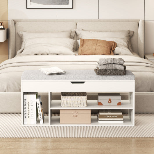 Padded Seat Shoe Bench with Hidden Storage and 3 Open Shelves-White