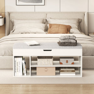 Padded Seat Shoe Bench with Hidden Storage and 3 Open Shelves-White