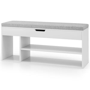 Padded Seat Shoe Bench with Hidden Storage and 3 Open Shelves-White