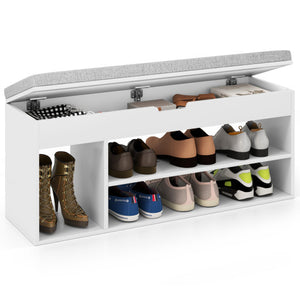 Padded Seat Shoe Bench with Hidden Storage and 3 Open Shelves-White
