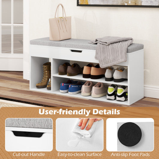 Padded Seat Shoe Bench with Hidden Storage and 3 Open Shelves-White