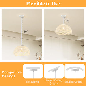 Farmhouse Rattan Pendant Lights with Adjustable Hanging Rope-Beige