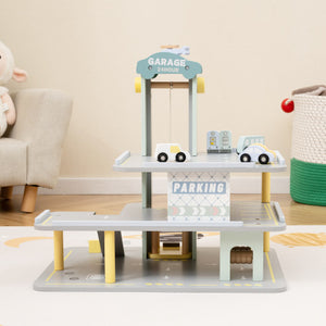 Parking Garage Playset with 4 Cars and Helicopter-Gray