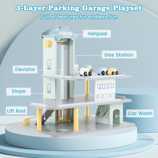 Parking Garage Playset with 4 Cars and Helicopter-Gray