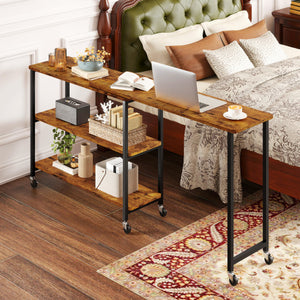 Patented Large 360-Degree Free Rotating Sofa Side Table with Wheels and Storage Shelf-Brown